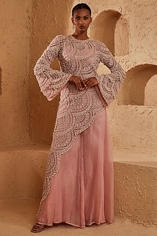 Soft Pink Net Pearl Hand Embroidered Asymmetric Kurta Set by Ridhima Bhasin