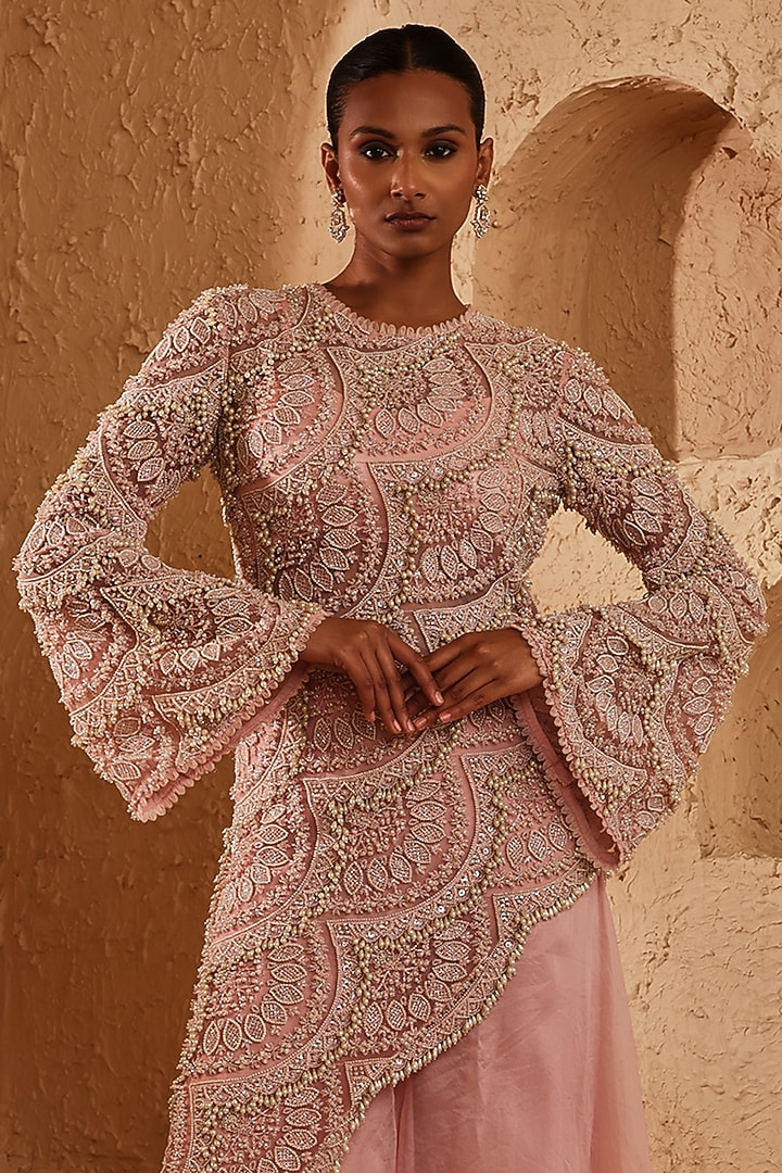 Soft Pink Net Pearl Hand Embroidered Asymmetric Kurta Set by Ridhima Bhasin at Pernia's Pop Up Shop