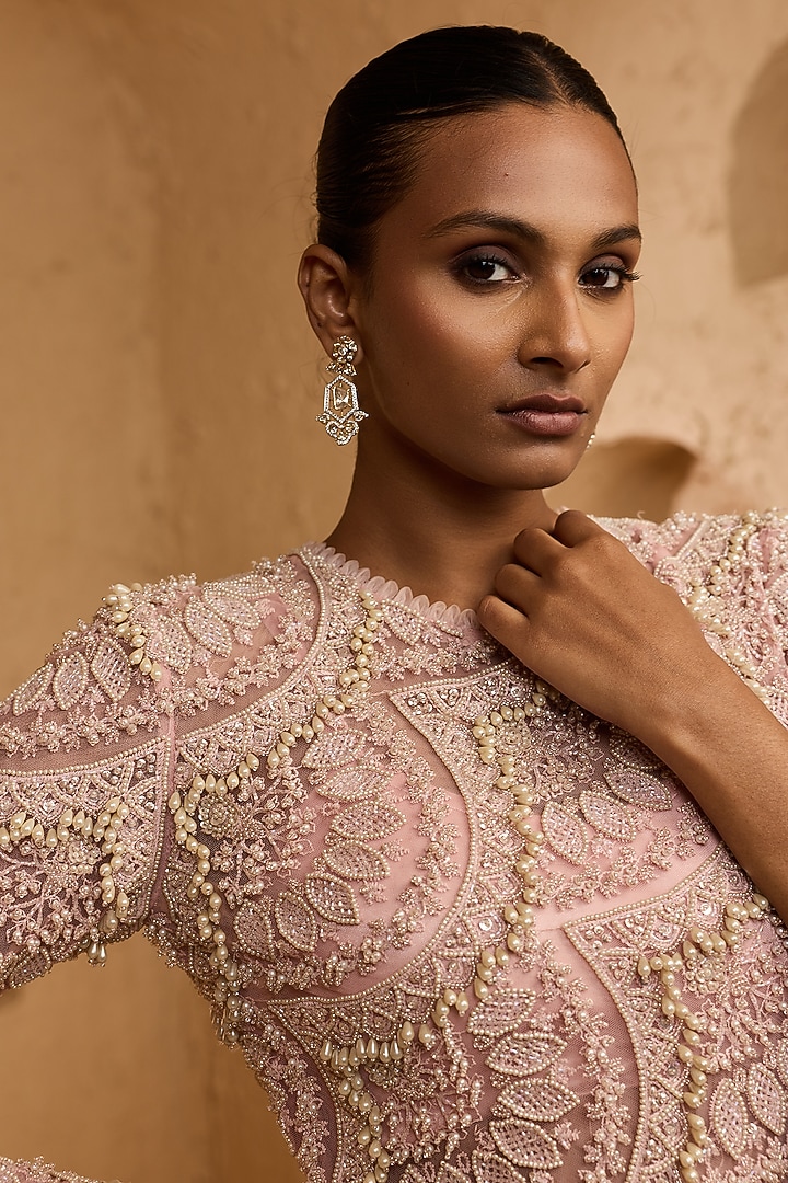 Soft Pink Net Pearl Hand Embroidered Asymmetric Kurta Set by Ridhima Bhasin at Pernia's Pop Up Shop