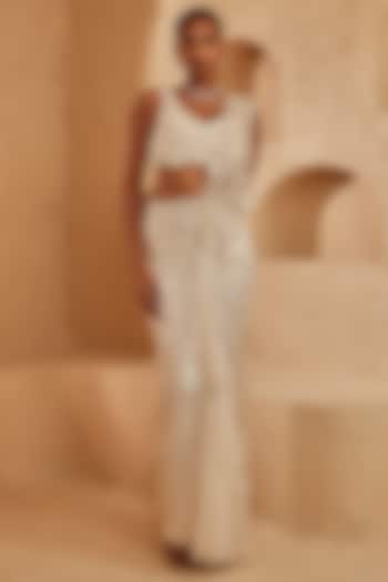 Ivory Pure Organza 3D Thread Embroidered Draped Skirt Reception Saree Set by Ridhima Bhasin at Pernia's Pop Up Shop