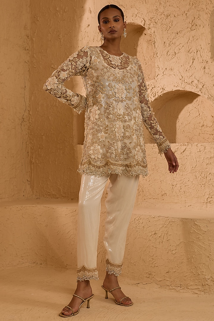 Ivory Net 3D Sequin Embroidered A-Line Kurta Set by Ridhima Bhasin at Pernia's Pop Up Shop