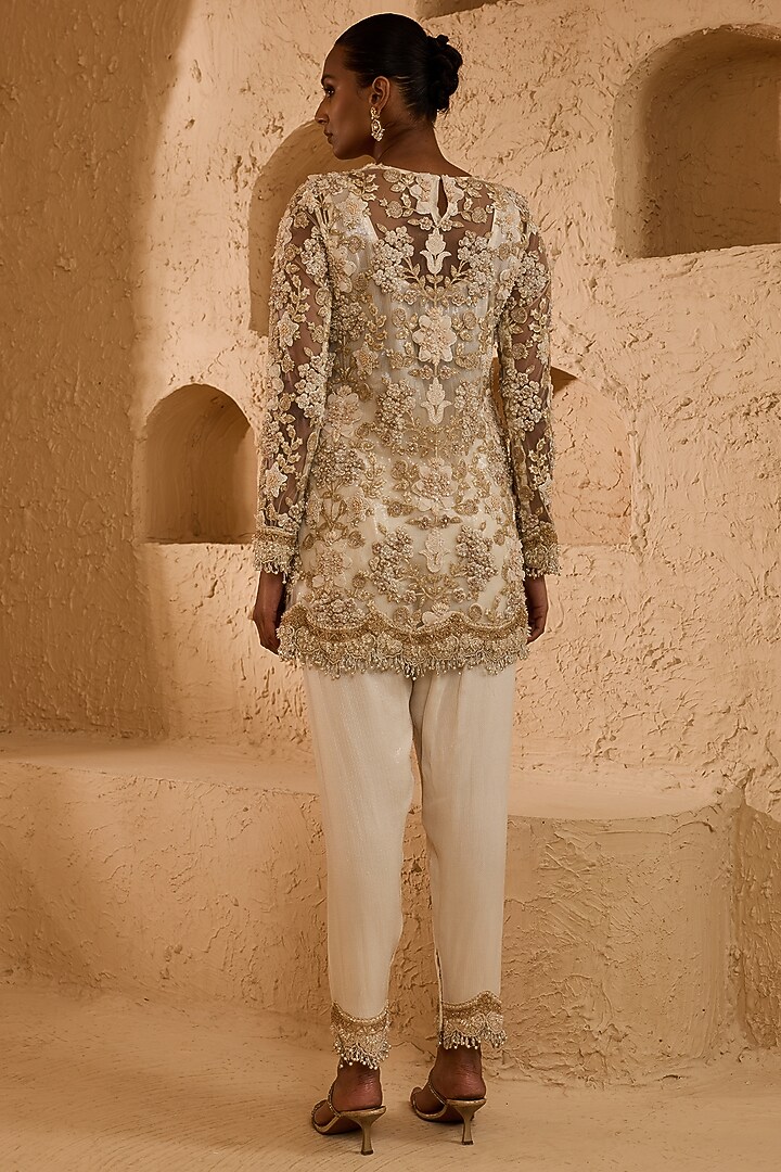 Ivory Net 3D Sequin Embroidered A-Line Kurta Set by Ridhima Bhasin at Pernia's Pop Up Shop