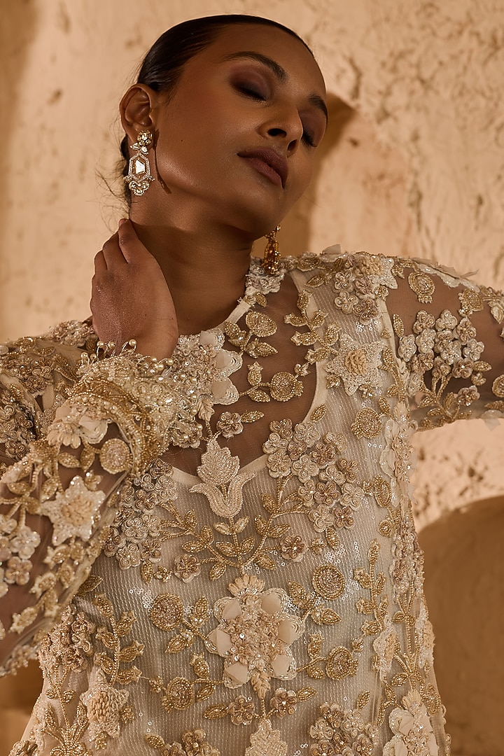 Ivory Net 3D Sequin Embroidered A-Line Kurta Set by Ridhima Bhasin at Pernia's Pop Up Shop