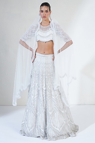 White Net Crystal Embellished Lehenga Set by Ridhimaa Gupta