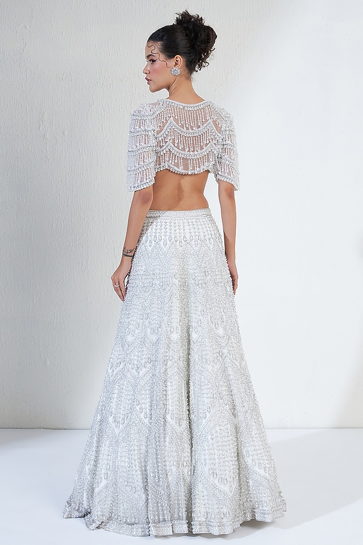 White Net Crystal Embellished Bridal Lehenga Set by Ridhimaa Gupta at Pernia's Pop Up Shop
