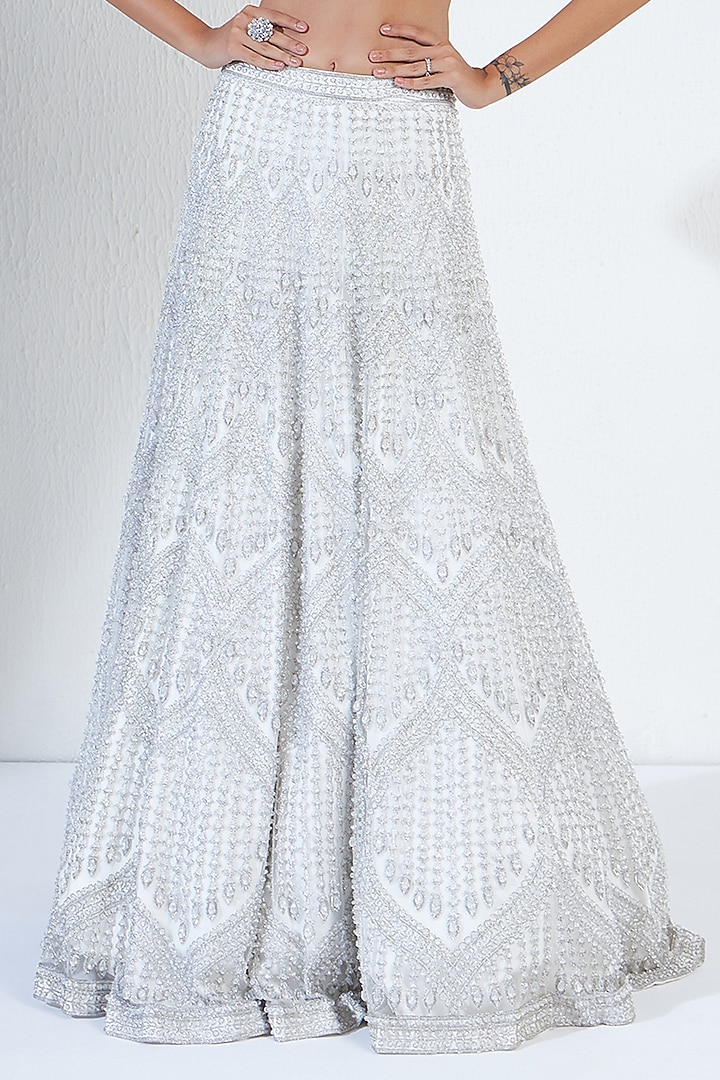 White Net Crystal Embellished Bridal Lehenga Set by Ridhimaa Gupta at Pernia's Pop Up Shop
