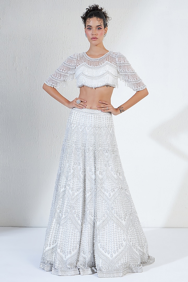 White Net Crystal Embellished Bridal Lehenga Set by Ridhimaa Gupta at Pernia's Pop Up Shop