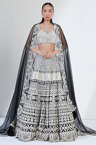 Black & Silver Viscose Raw Silk Hand Embroidered Lehenga Set by Ridhimaa Gupta