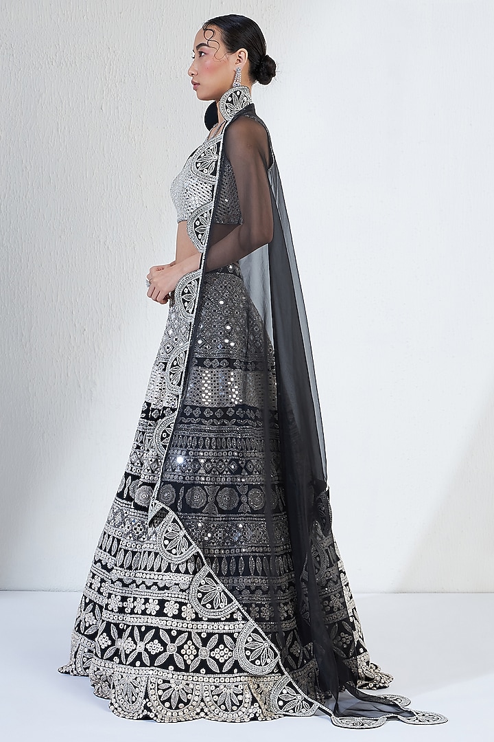 Black & Silver Viscose Raw Silk Hand Embroidered Bridal Lehenga Set by Ridhimaa Gupta at Pernia's Pop Up Shop
