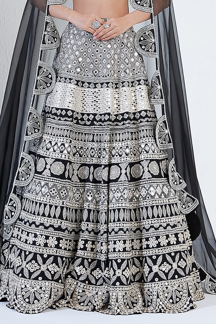 Black & Silver Viscose Raw Silk Hand Embroidered Bridal Lehenga Set by Ridhimaa Gupta at Pernia's Pop Up Shop