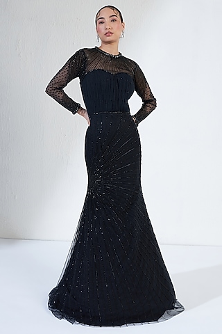 Black Net Hand Embroidered Gown by Ridhimaa Gupta