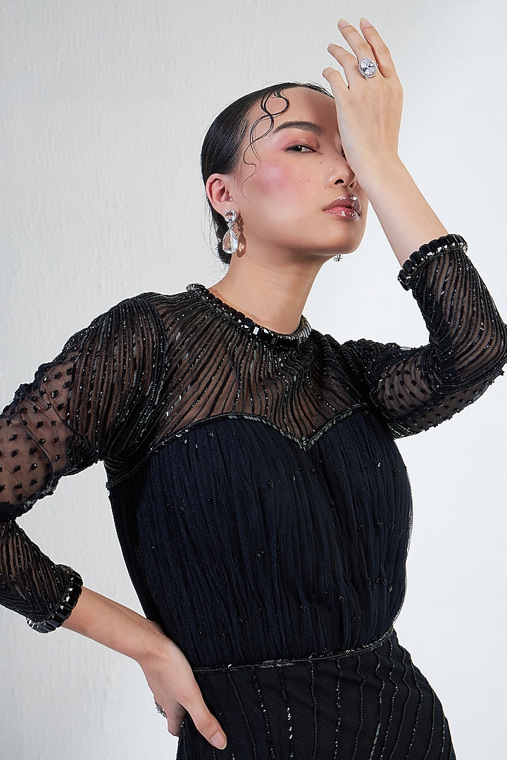 Black Net Hand Embroidered Bridal Gown by Ridhimaa Gupta at Pernia's Pop Up Shop