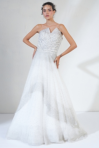 White & Silver Organza Hand Embroidered Corset Gown by Ridhimaa Gupta