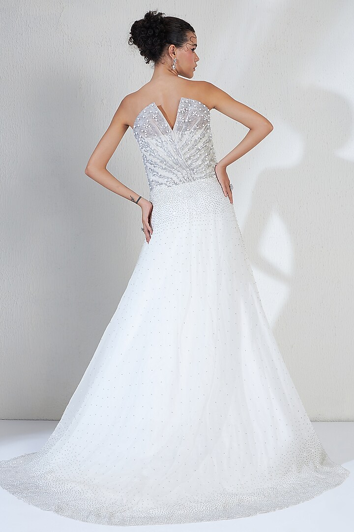 White & Silver Organza Hand Embroidered Corset Bridal Gown by Ridhimaa Gupta at Pernia's Pop Up Shop