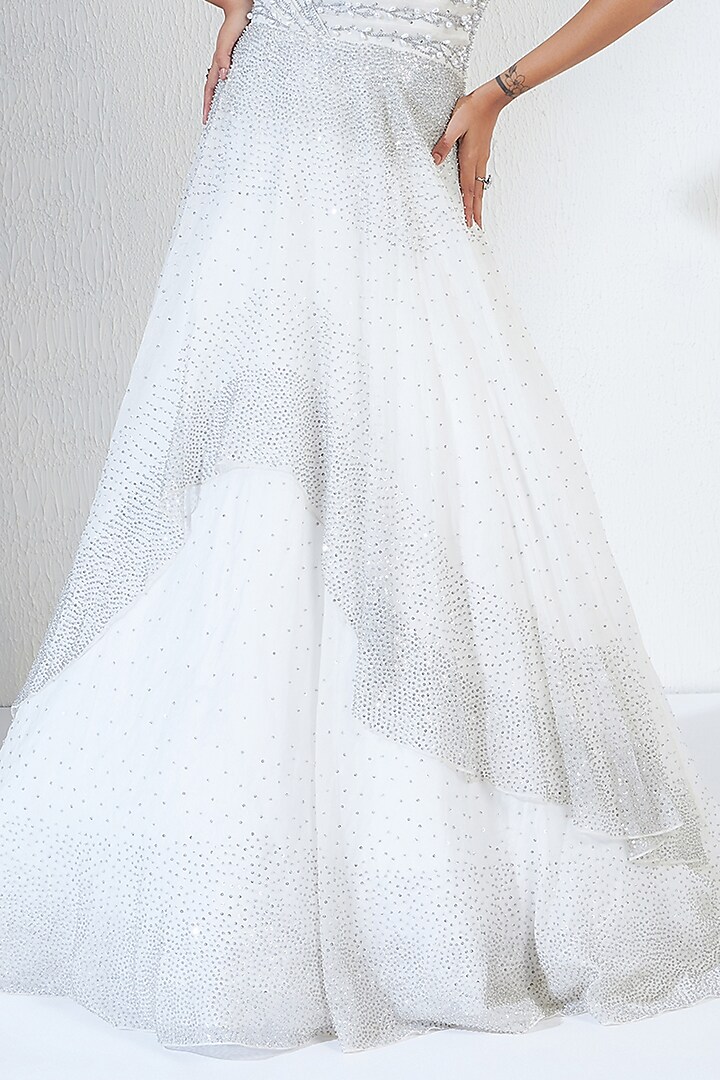 White & Silver Organza Hand Embroidered Corset Bridal Gown by Ridhimaa Gupta at Pernia's Pop Up Shop