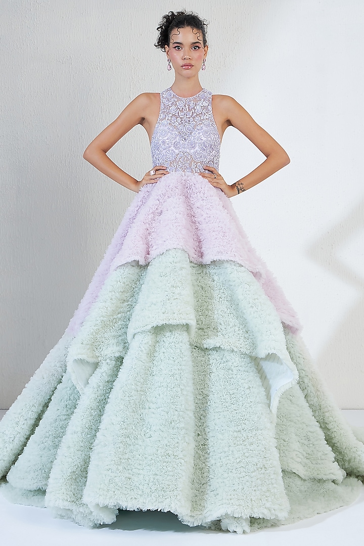Lilac Tulle Bead Embroidered Gown by Ridhimaa Gupta