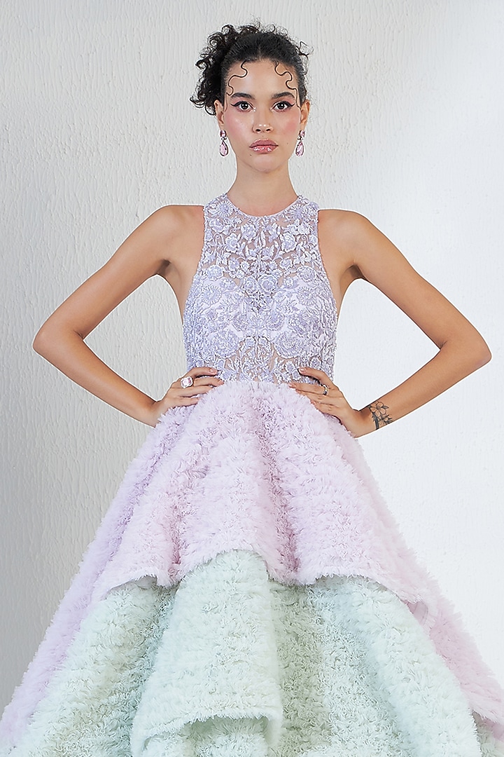 Lilac Tulle Bead Embroidered Bridal Gown by Ridhimaa Gupta at Pernia's Pop Up Shop