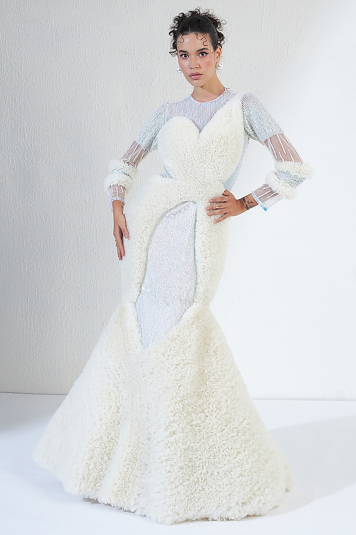 Off-White Net & Tulle Crystal Embellished Gown by Ridhimaa Gupta