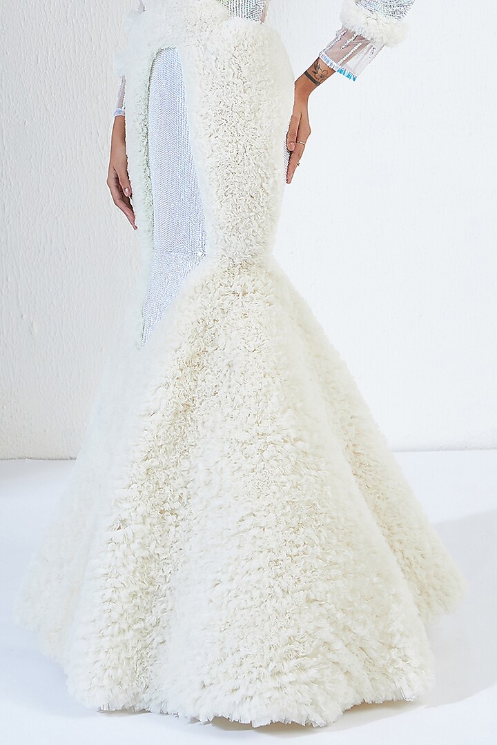 Off-White Net & Tulle Crystal Embellished Bridal Gown by Ridhimaa Gupta at Pernia's Pop Up Shop