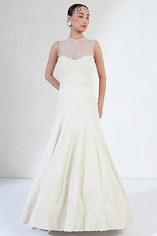 White Satin & Net Pearl Mermaid-Cut Gown by Ridhimaa Gupta