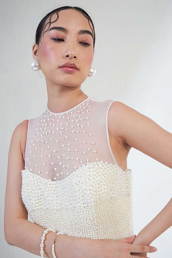 White Satin & Net Pearl Mermaid-Cut Bridal Gown by Ridhimaa Gupta at Pernia's Pop Up Shop
