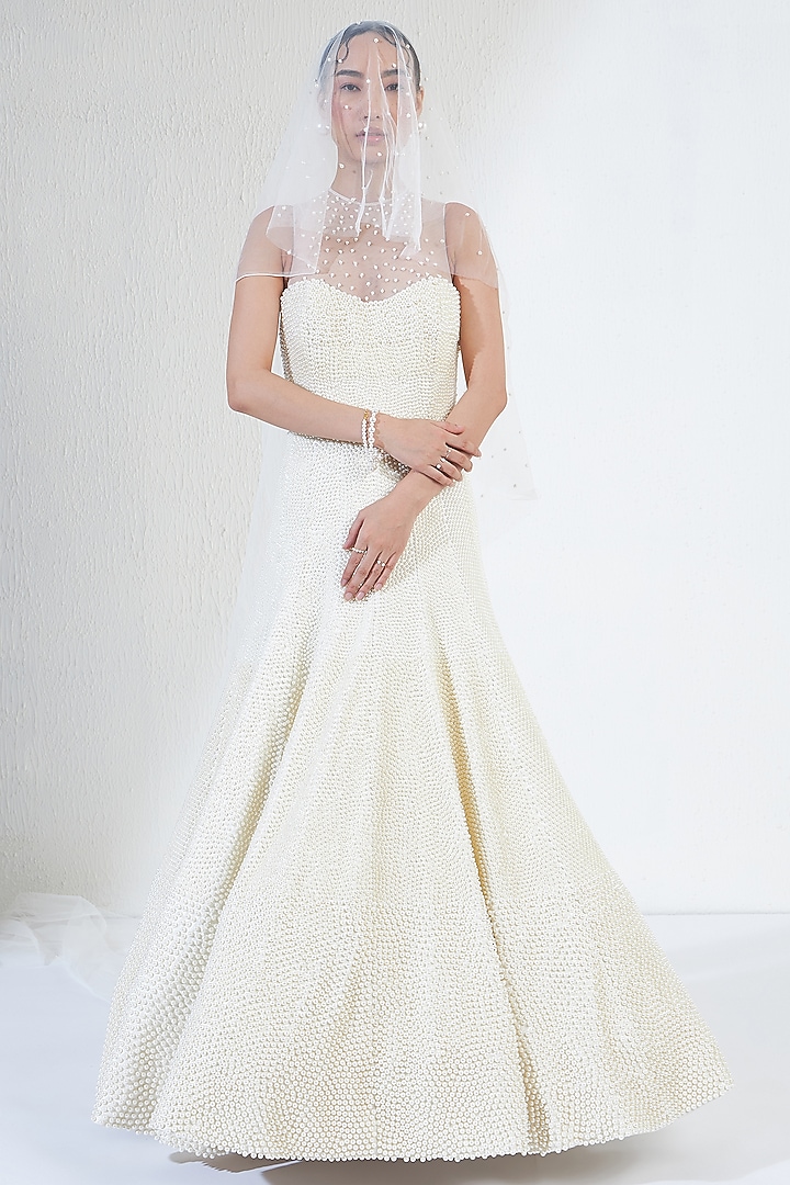 White Satin & Net Pearl Mermaid-Cut Bridal Gown by Ridhimaa Gupta at Pernia's Pop Up Shop