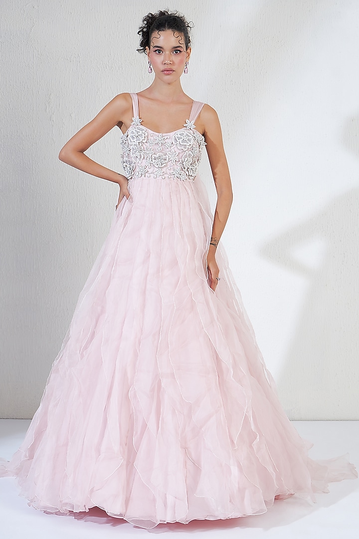 Pink Tulle Rosette Embellished Gown by Ridhimaa Gupta