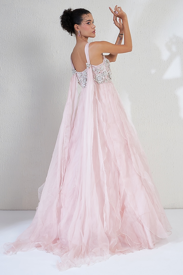 Pink Tulle Rosette Embellished Bridal Gown by Ridhimaa Gupta at Pernia's Pop Up Shop