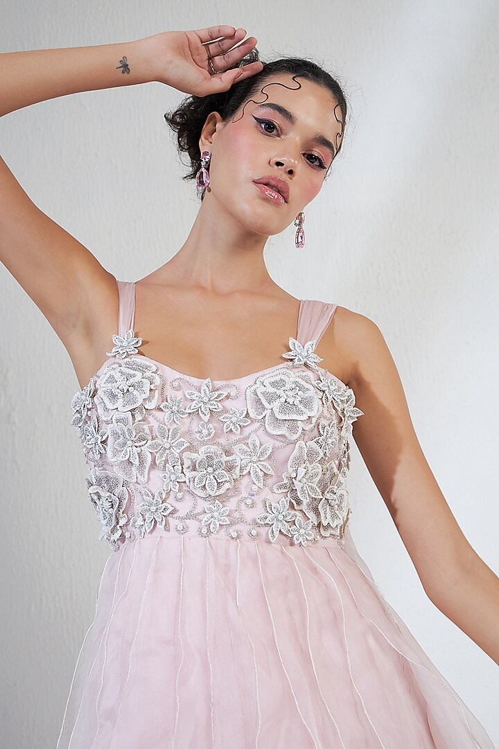 Pink Tulle Rosette Embellished Bridal Gown by Ridhimaa Gupta at Pernia's Pop Up Shop
