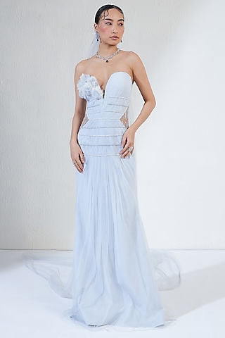 Powder Blue Net & Micro Pleated Hand Embroidered Gown by Ridhimaa Gupta