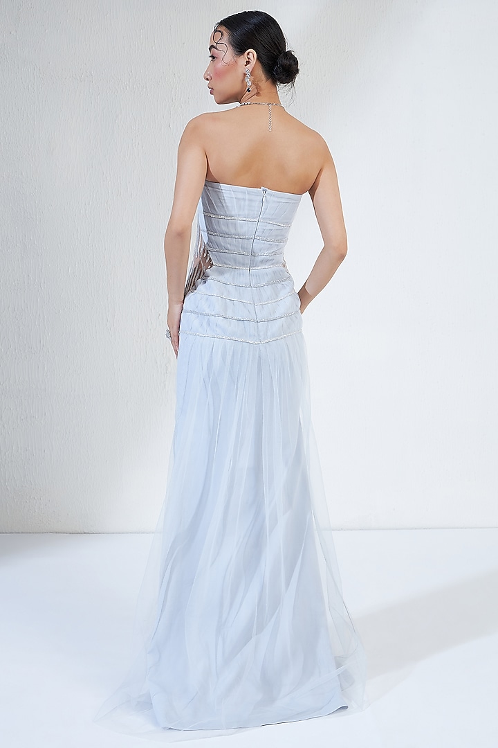 Powder Blue Net & Micro Pleated Hand Embroidered Bridal Gown by Ridhimaa Gupta at Pernia's Pop Up Shop