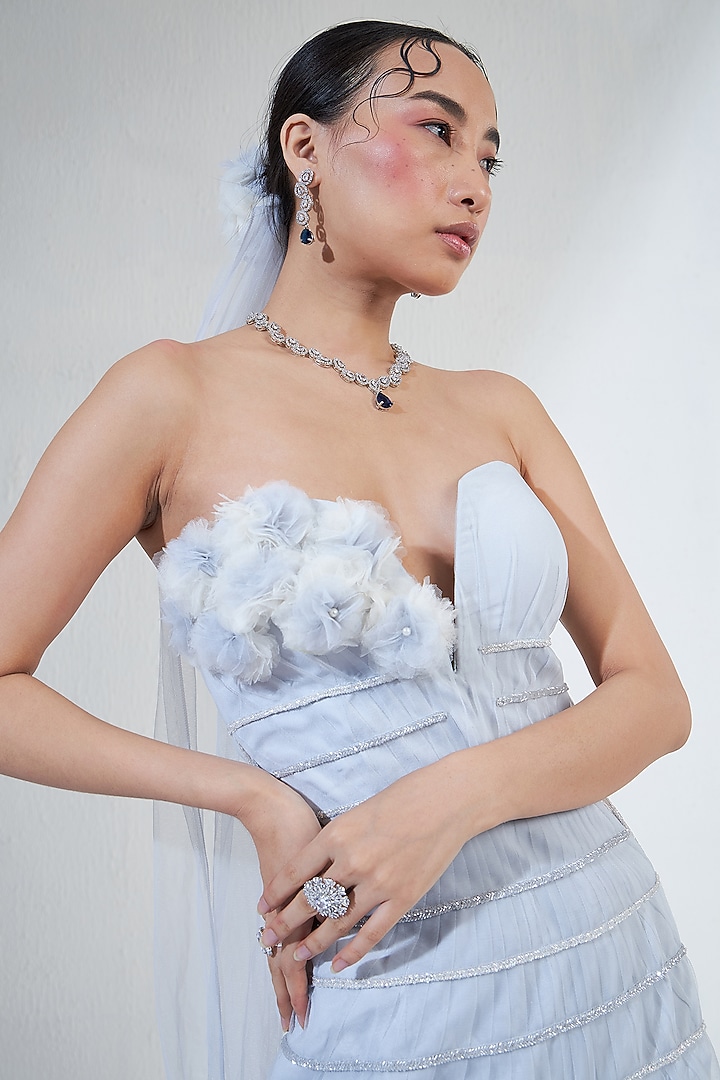 Powder Blue Net & Micro Pleated Hand Embroidered Bridal Gown by Ridhimaa Gupta at Pernia's Pop Up Shop
