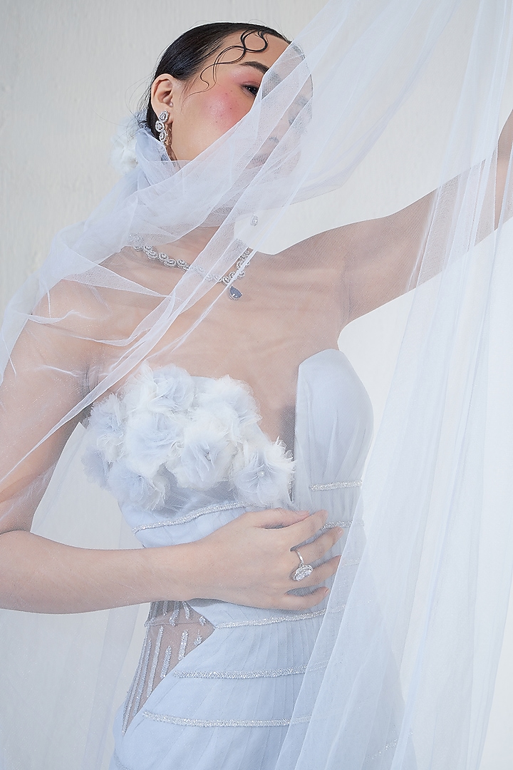 Powder Blue Net & Micro Pleated Hand Embroidered Bridal Gown by Ridhimaa Gupta at Pernia's Pop Up Shop