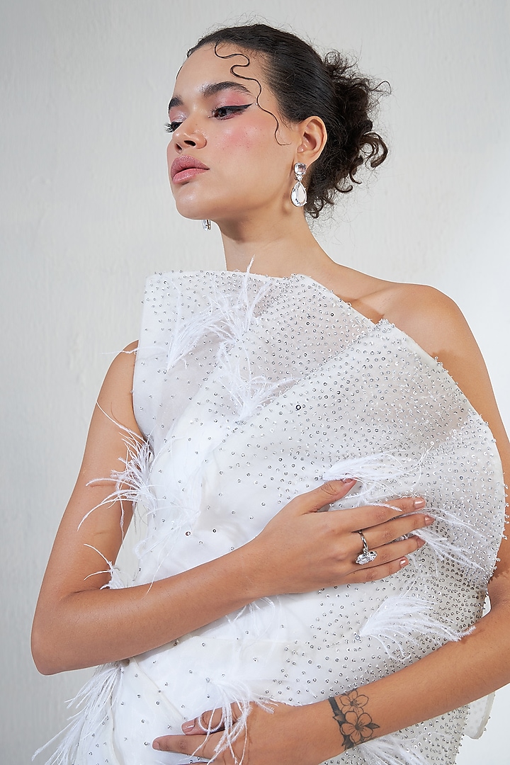White Mesh & Organza Crystal Hand Embroidered Jumpsuit by Ridhimaa Gupta at Pernia's Pop Up Shop