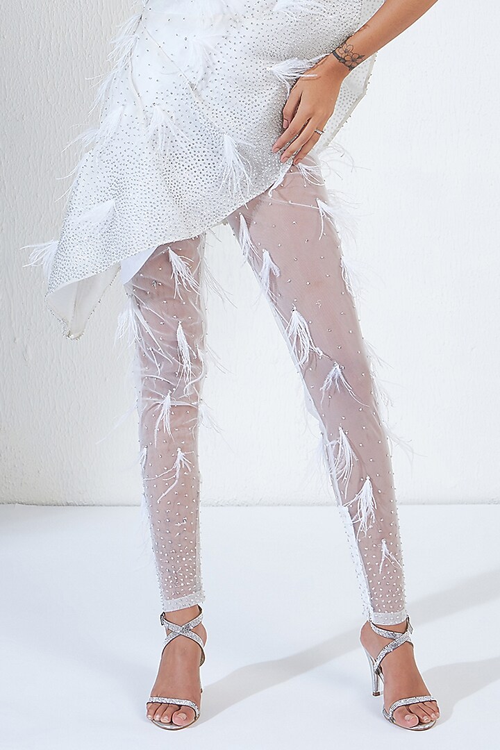 White Mesh & Organza Crystal Hand Embroidered Jumpsuit by Ridhimaa Gupta at Pernia's Pop Up Shop