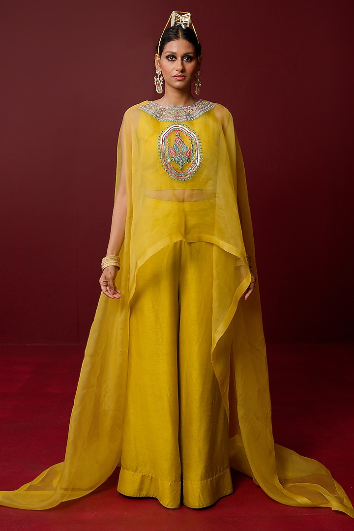 Mustard Viscose Raw Silk & Pure Silk Organza Hand Embroidered Cape Set by Ridhimaa Gupta at Pernia's Pop Up Shop