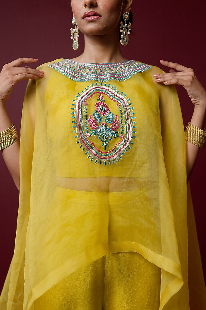 Mustard Viscose Raw Silk & Pure Silk Organza Hand Embroidered Cape Set by Ridhimaa Gupta at Pernia's Pop Up Shop