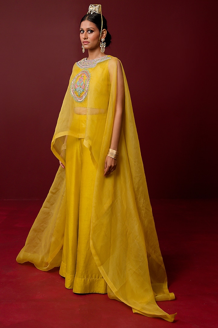 Mustard Viscose Raw Silk & Pure Silk Organza Hand Embroidered Cape Set by Ridhimaa Gupta at Pernia's Pop Up Shop