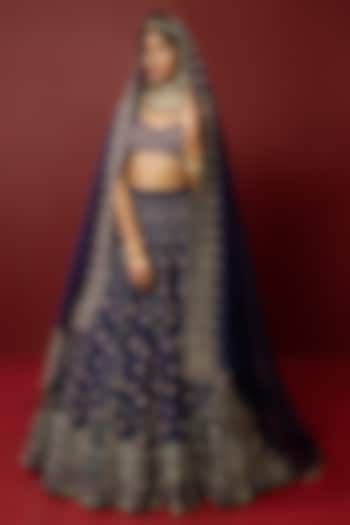 Navy Blue Viscose Raw Silk & Pure Silk Organza Resham Embroidered Bridal Lehenga Set by Ridhimaa Gupta at Pernia's Pop Up Shop