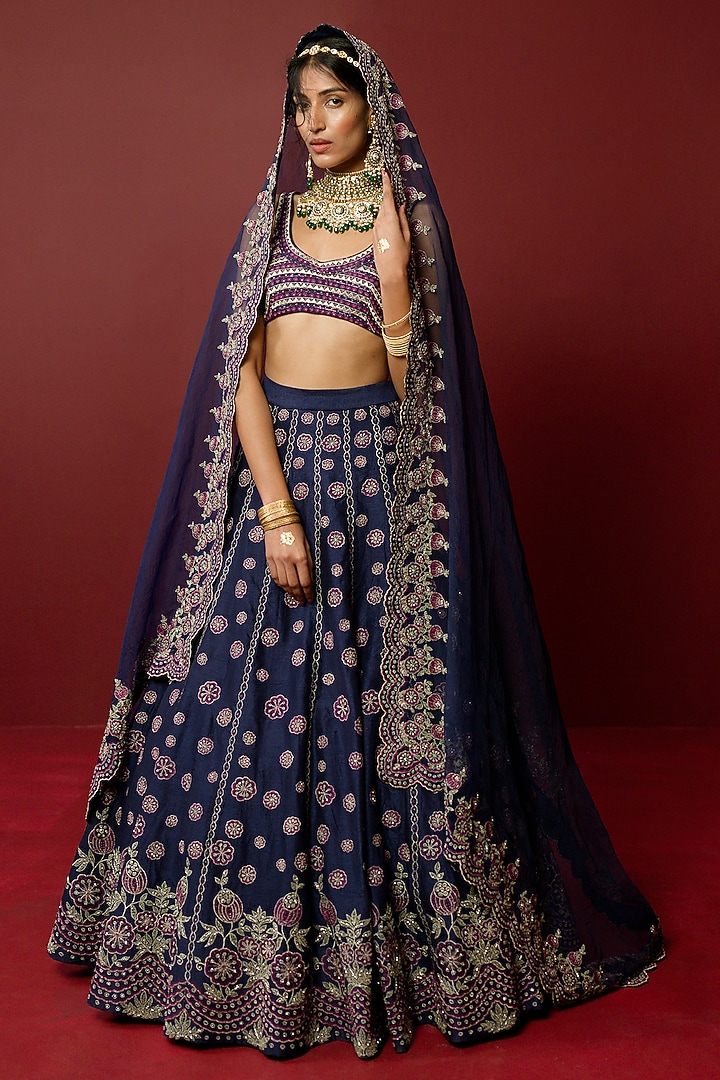 Navy Blue Viscose Raw Silk & Pure Silk Organza Resham Embroidered Bridal Lehenga Set by Ridhimaa Gupta at Pernia's Pop Up Shop