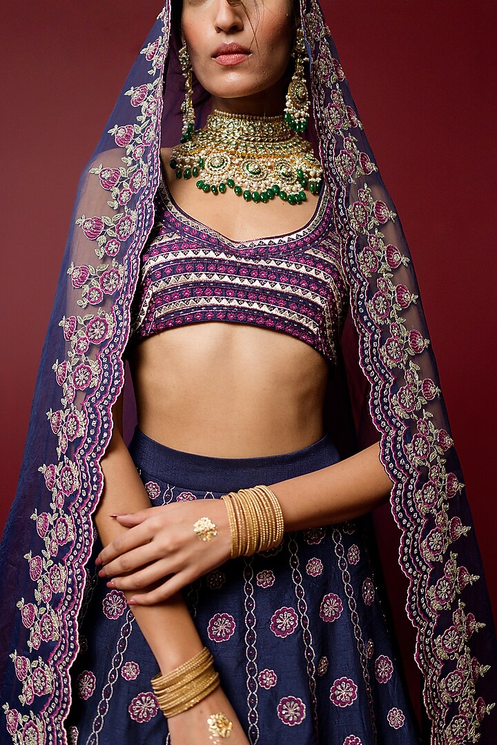 Navy Blue Viscose Raw Silk & Pure Silk Organza Resham Embroidered Bridal Lehenga Set by Ridhimaa Gupta at Pernia's Pop Up Shop