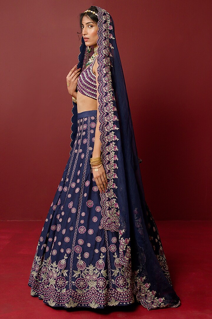 Navy Blue Viscose Raw Silk & Pure Silk Organza Resham Embroidered Bridal Lehenga Set by Ridhimaa Gupta at Pernia's Pop Up Shop