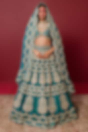 Persian Green Viscose Raw Silk & Pure Silk Organza Hand Embroidered Bridal Lehenga Set by Ridhimaa Gupta at Pernia's Pop Up Shop