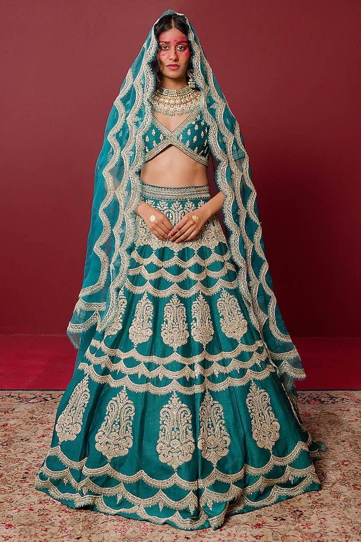Persian Green Viscose Raw Silk & Pure Silk Organza Hand Embroidered Bridal Lehenga Set by Ridhimaa Gupta at Pernia's Pop Up Shop