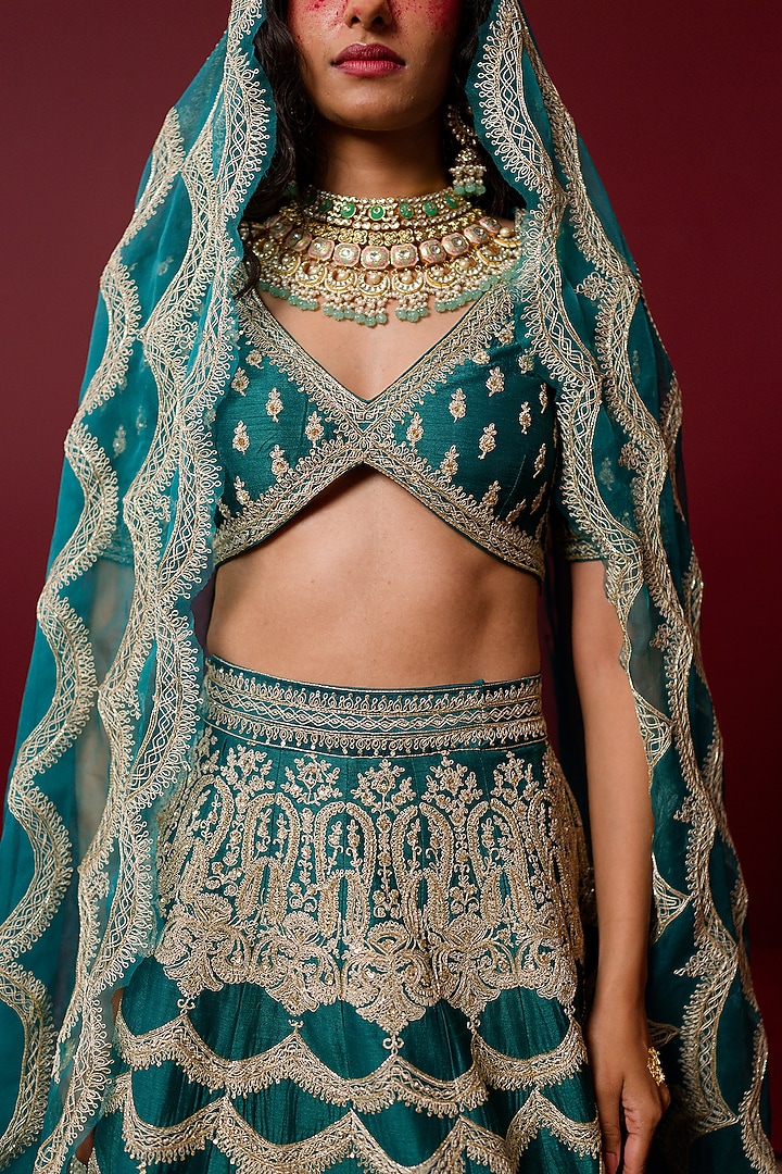 Persian Green Viscose Raw Silk & Pure Silk Organza Hand Embroidered Bridal Lehenga Set by Ridhimaa Gupta at Pernia's Pop Up Shop