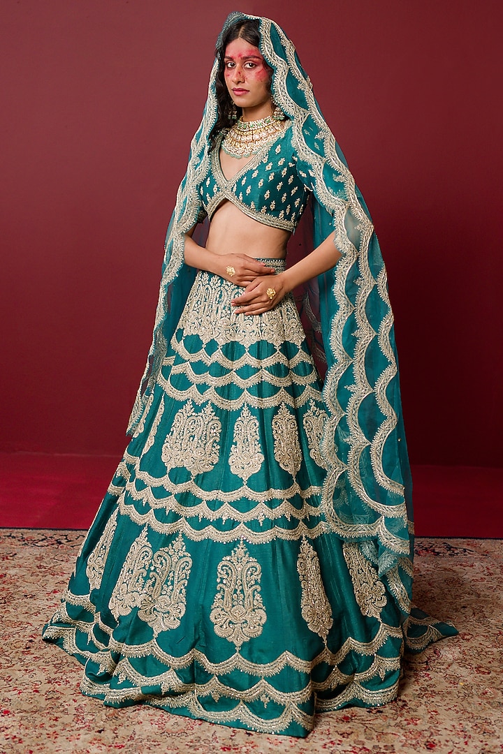 Persian Green Viscose Raw Silk & Pure Silk Organza Hand Embroidered Bridal Lehenga Set by Ridhimaa Gupta at Pernia's Pop Up Shop