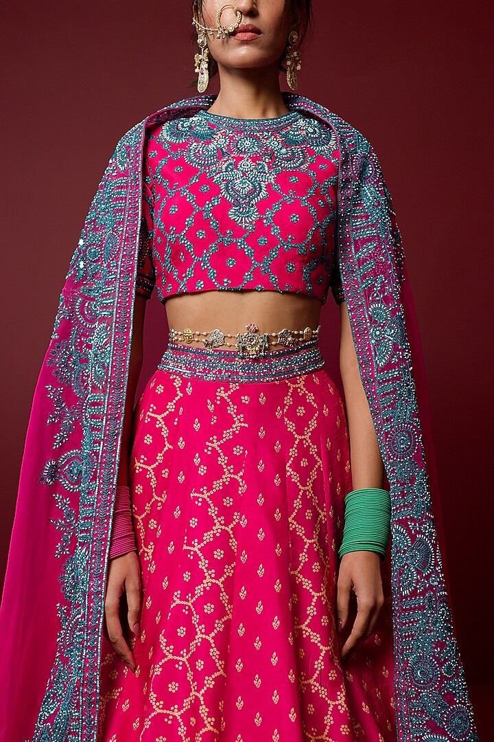 Magenta Pink Viscose Raw Silk & Pure Silk Organza Hand Embroidered Bridal Lehenga Set by Ridhimaa Gupta at Pernia's Pop Up Shop
