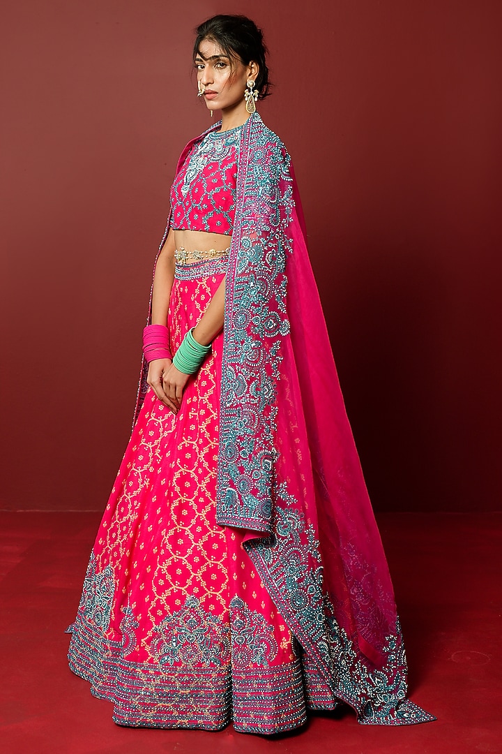Magenta Pink Viscose Raw Silk & Pure Silk Organza Hand Embroidered Bridal Lehenga Set by Ridhimaa Gupta at Pernia's Pop Up Shop