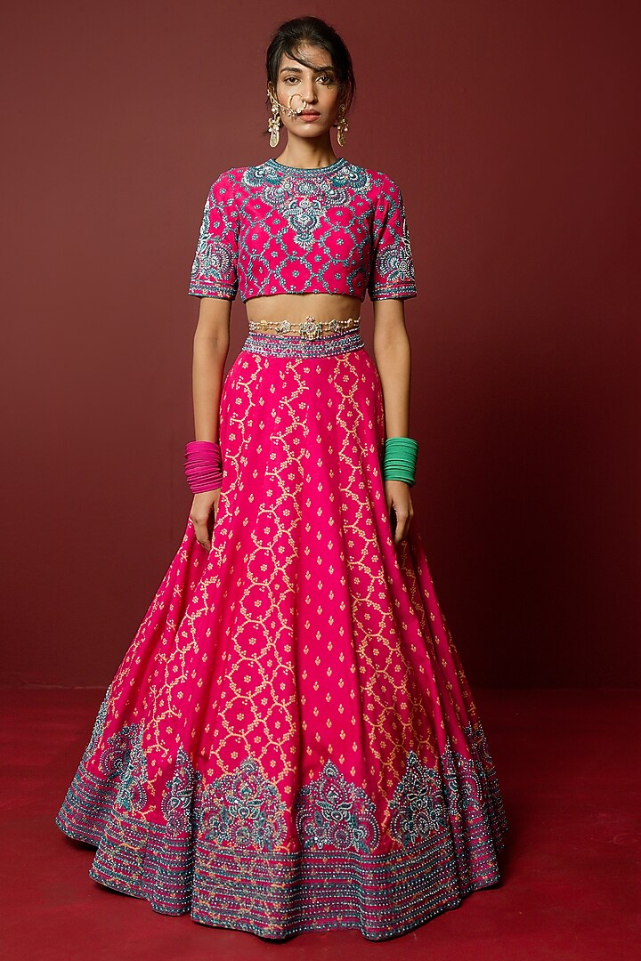 Magenta Pink Viscose Raw Silk & Pure Silk Organza Hand Embroidered Bridal Lehenga Set by Ridhimaa Gupta at Pernia's Pop Up Shop