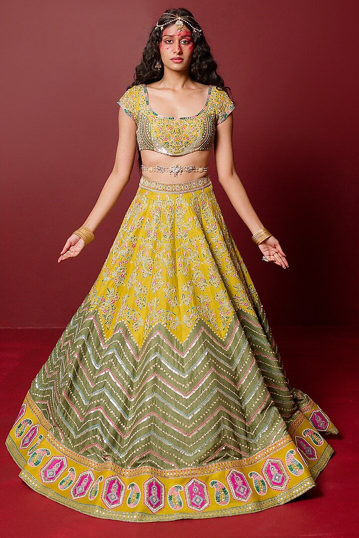 Mustard & Pickle Green Viscose Raw Silk Hand Embroidered Bridal Lehenga Set by Ridhimaa Gupta at Pernia's Pop Up Shop